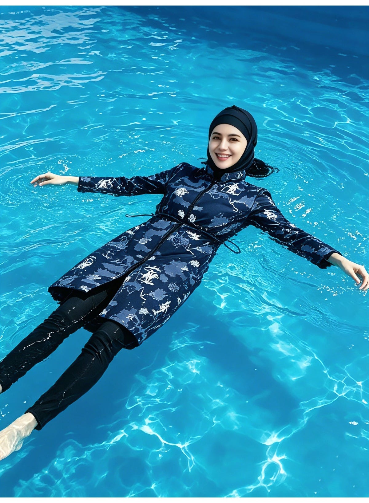 Muslim Long Burkini - Full-Coverage Modest Swimsuit, Zip Long-Sleeve Cinched Waist UV-Protective - Image 2