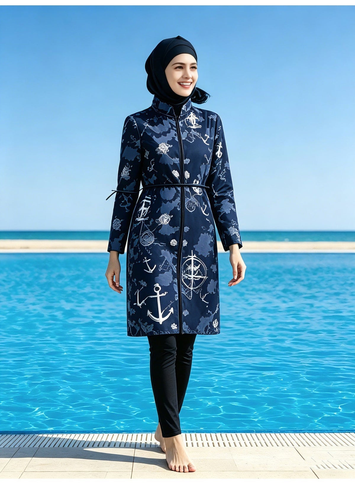 Muslim Long Burkini - Full-Coverage Modest Swimsuit, Zip Long-Sleeve Cinched Waist UV-Protective - Image 3