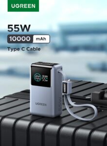 UGREEN 55 W Power Bank 10000 mAh with Integrated Cable, Mi Turbo Charge for Xiaomi, 45 W PD Quick Charge Compatible with iPhone 17/16/15, External Mobile Phone Battery for Galaxy S25 Ultra and More