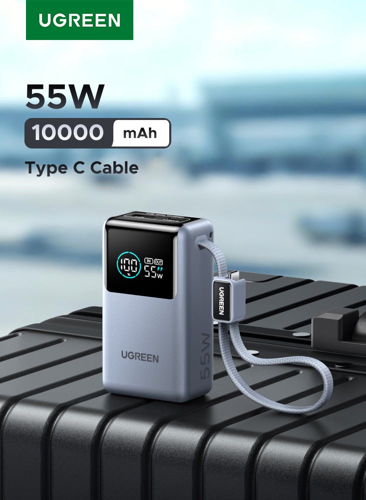 UGREEN 55 W Power Bank 10000 mAh with Integrated Cable, Mi Turbo Charge for Xiaomi, 45 W PD Quick Charge Compatible with iPhone 17/16/15, External Mobile Phone Battery for Galaxy S25 Ultra and More